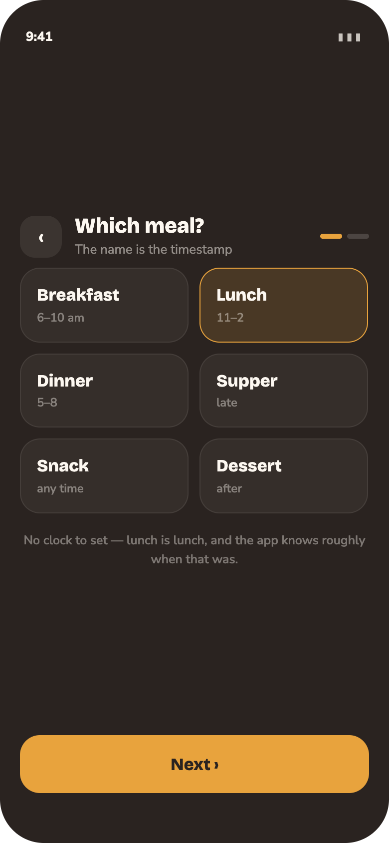 Which meal? The meal name is the timestamp. No clock to set.