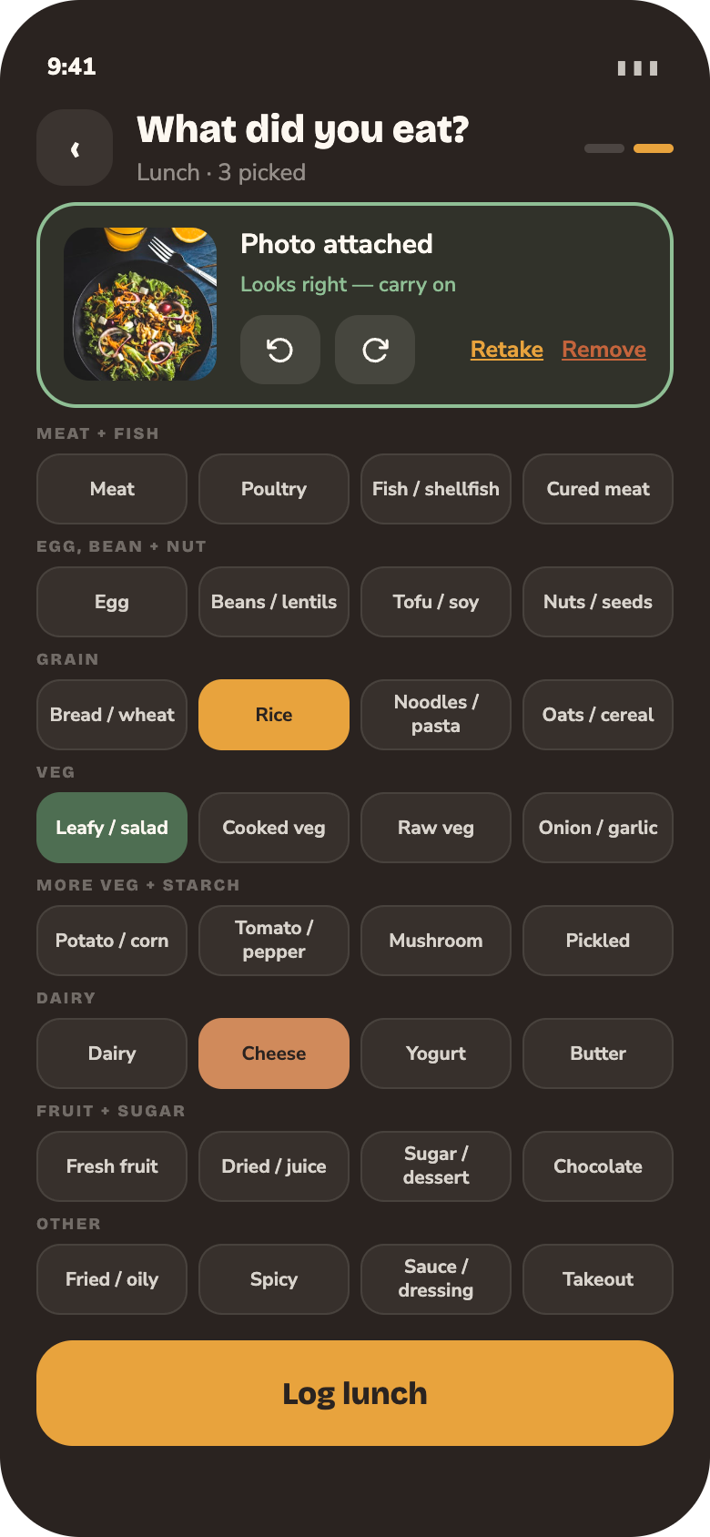 What did you eat? Tap the foods. Attach a photo and you'll remember the details later.