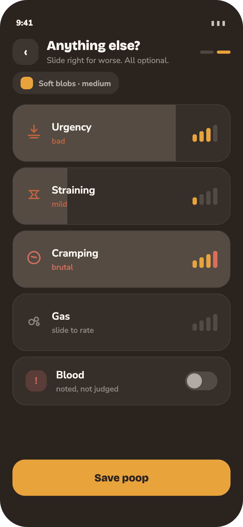 Anything else? Four symptom sliders, all optional. Slide right for worse.